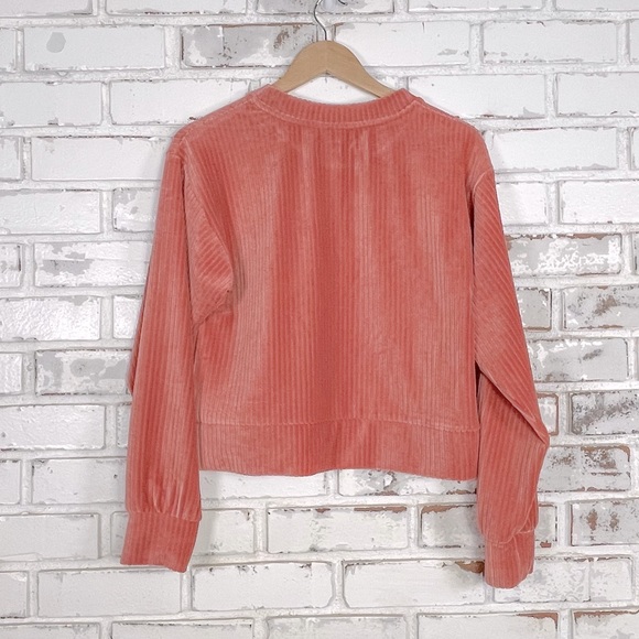 ASOS Cropped Salmon Pink Ribbed Long Sleeve Crew Neck Lounge Play Velour Top - Picture 6 of 12